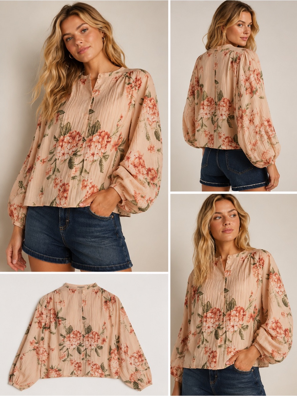 Scoop NYC -Floral Balloon Sleeve Crinkle Blouse | Blush Pink Button Front Top
